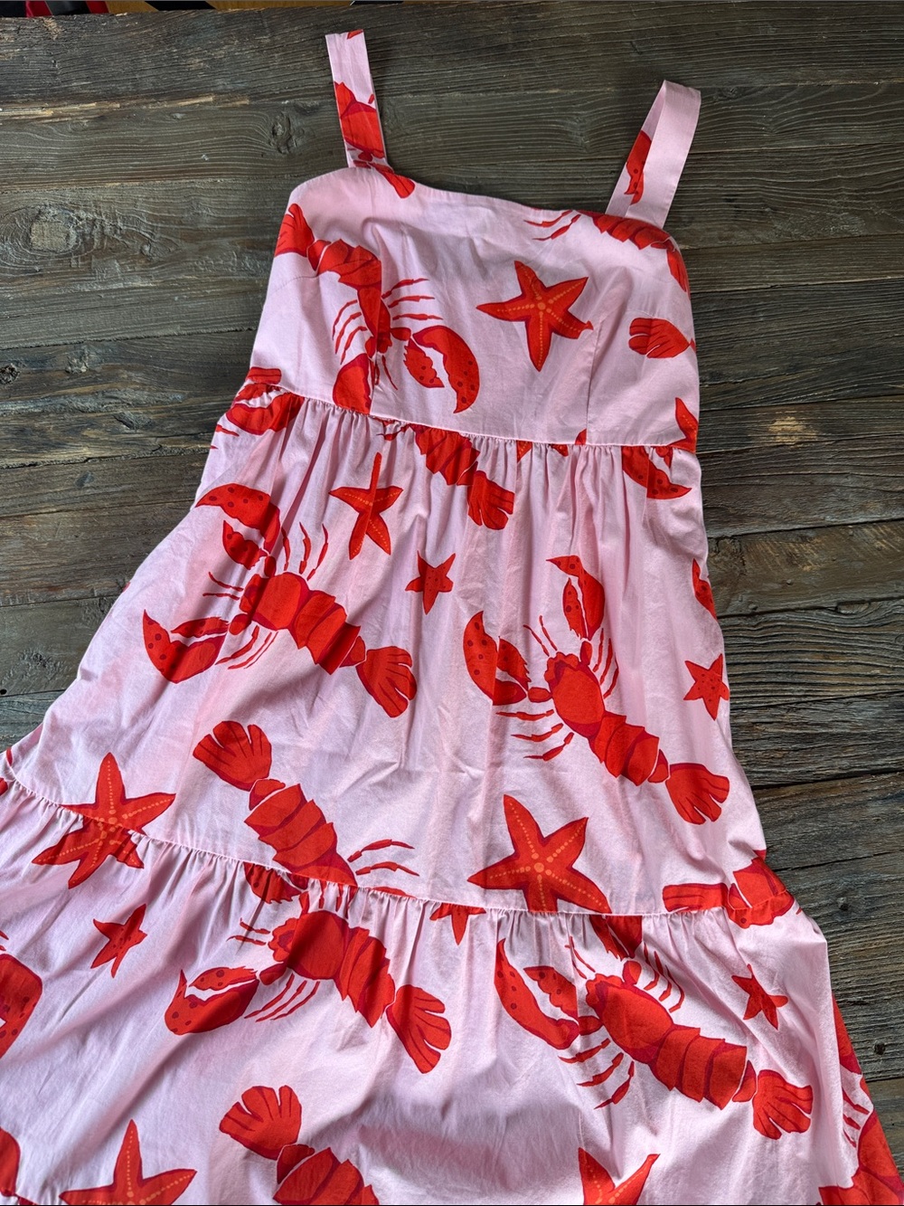 J Crew cotton tiered pink and red lobster midi dress size 4 - Picture 8 of 11